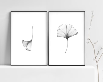 Black and White Leaf Prints Set of 2 Minimalist Botanical Wall Art Pencil Drawing Ginkgo Graphite Sketches - Giclee Prints | Aga Szafranska
