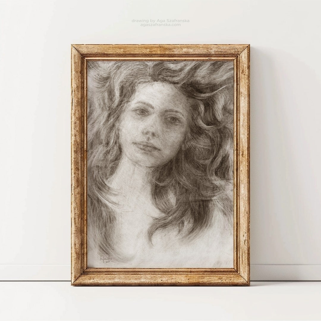 Charcoal Drawing Woman Portrait Wall Art Print, Woman Face, Female Art ...