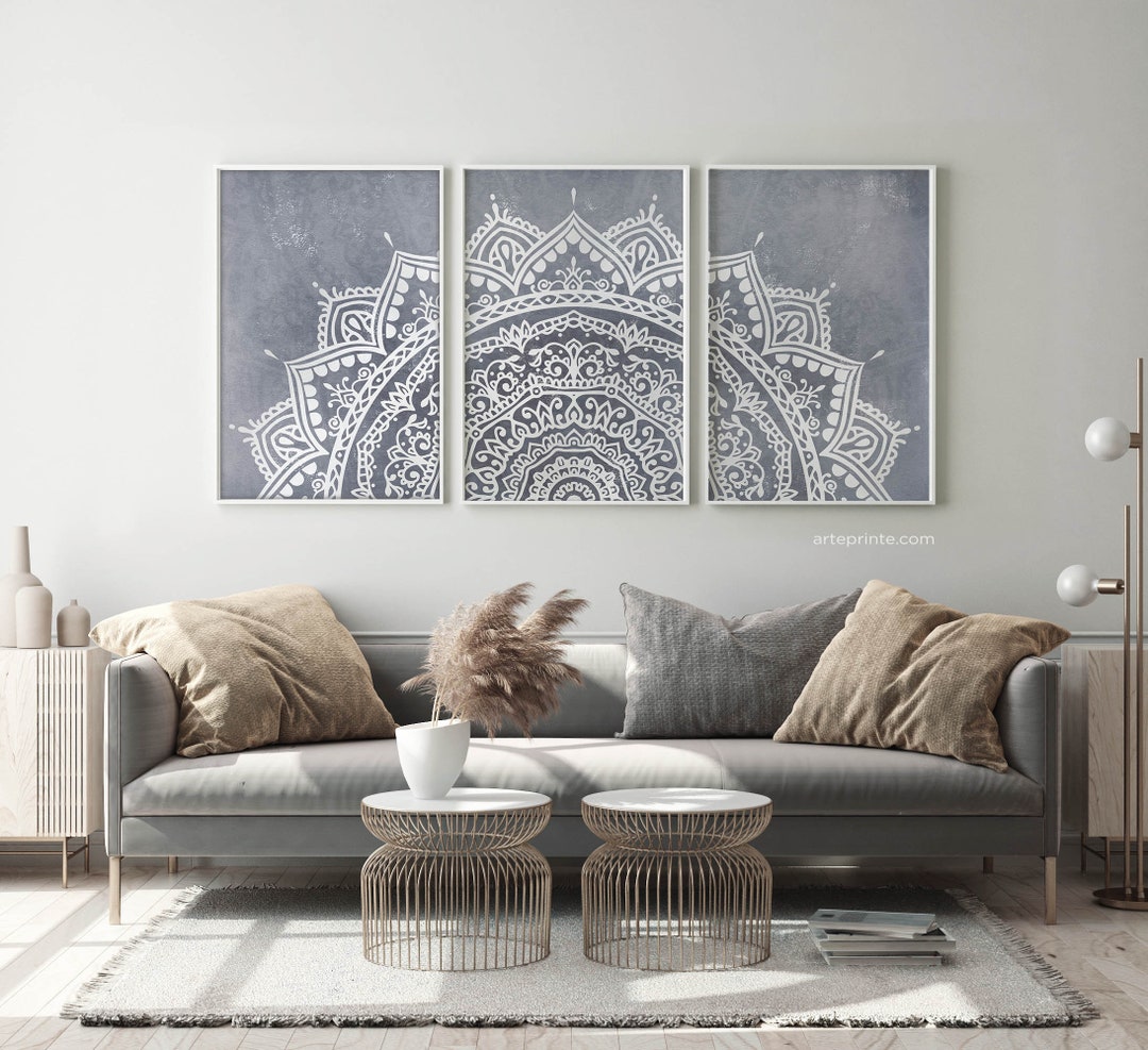 3 Piece Mandala Wall Art, Muted Blue & White Prints, Boho Living Room