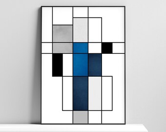 May include: Abstract geometric art print with a black grid pattern and blue and grey watercolour shapes.