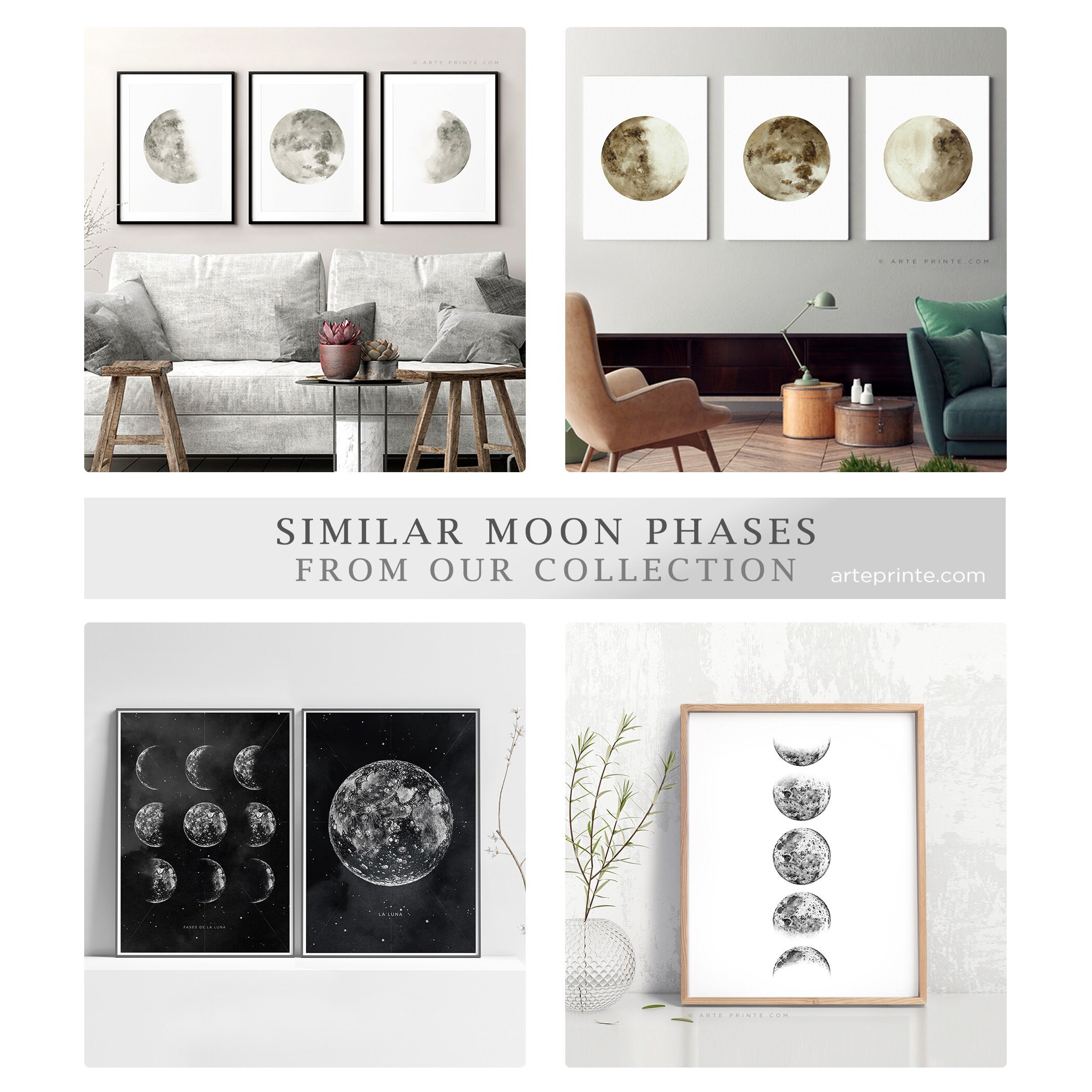 Blue Watercolor Moon Phases Wall Art Set of 3 Prints Minimalist Modern ...