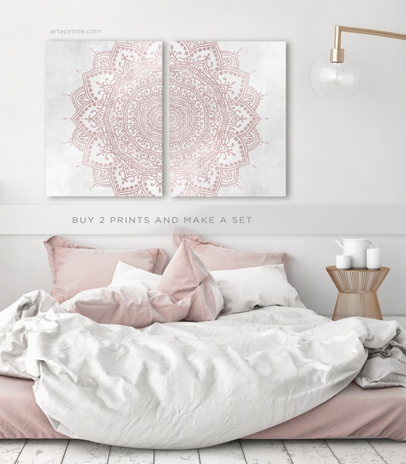 Blush Pink Gray Boho Bedroom Wall Decor Mandala Art Print - Etsy