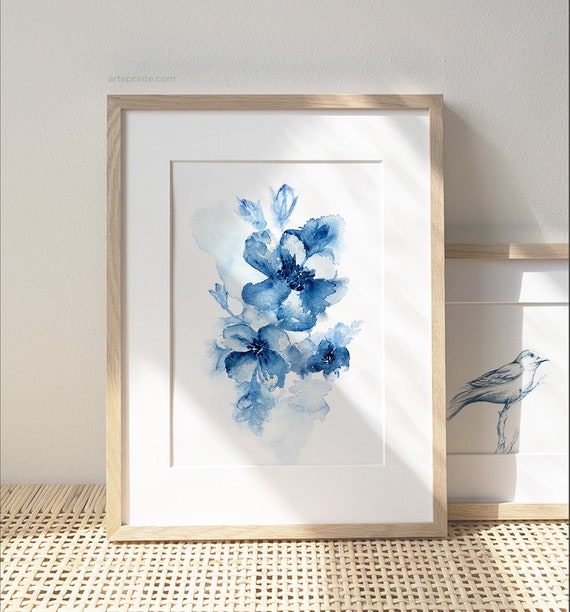 Wall Art Print Blue Watercolor Painting Flowers Blue White Etsy