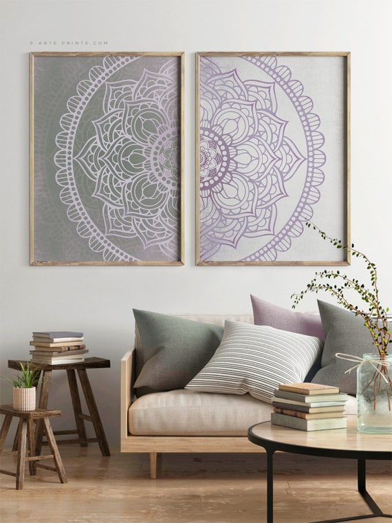 Mandala Wall Art Lilac Purple Gray Modern Boho Bedroom Decor Large Mandala Wall Decor Bohemian Prints Living Room 2 Panel Wall Art