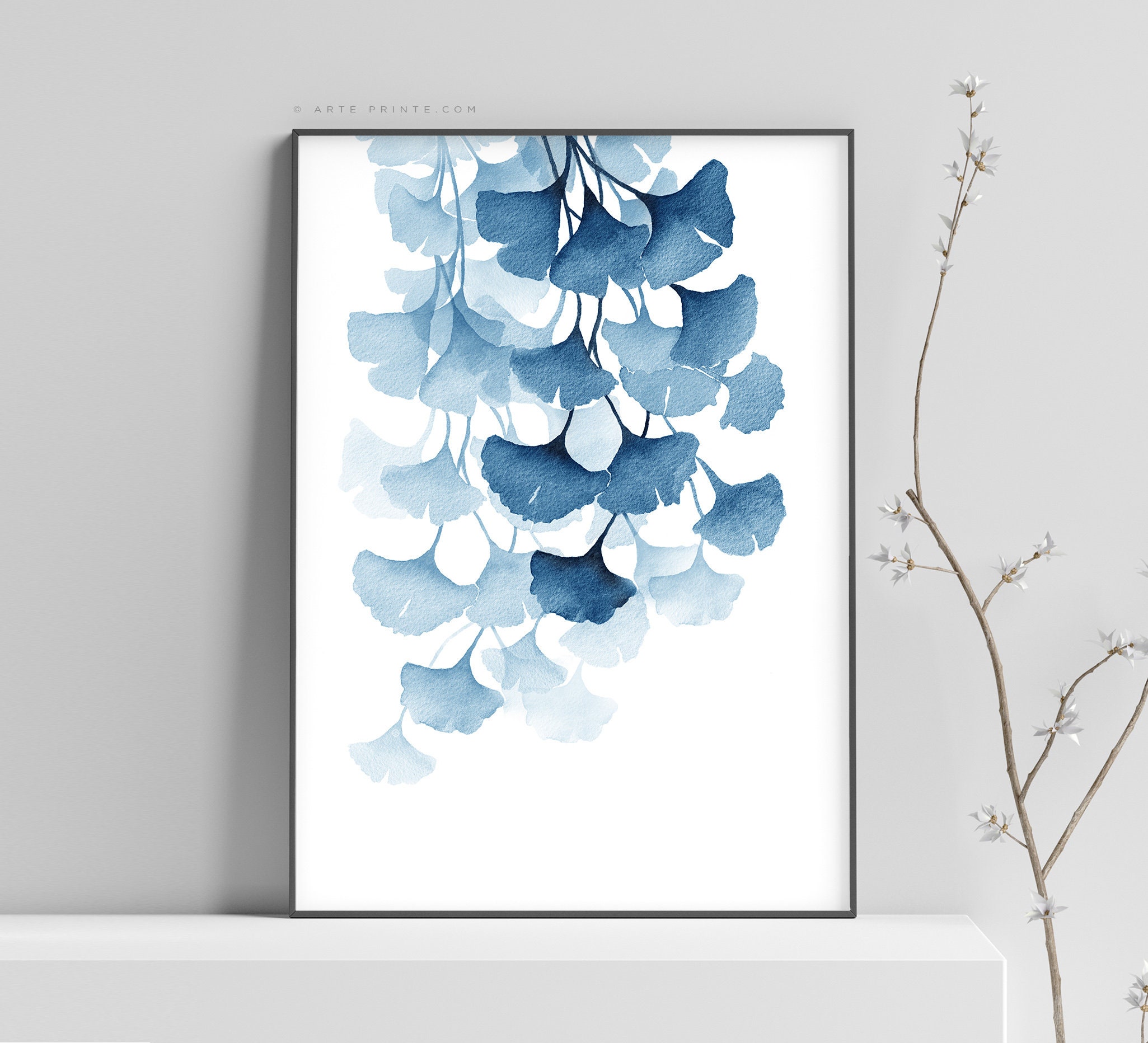 Wall Art Print Blue Branch With Leaves Modern Botanical Wall | Etsy