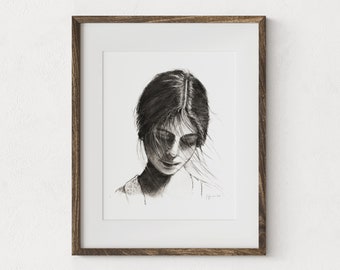 Feminine Wall Art Charcoal Sketch Romantic Woman Face Black White Portrait Drawing - Giclee Prints