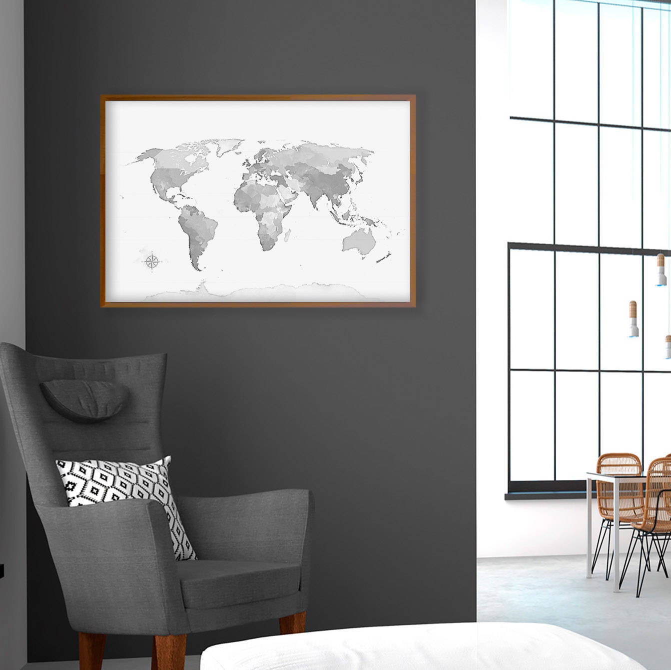Gray World Map Wall Art Grey White World Map Art Print Etsy