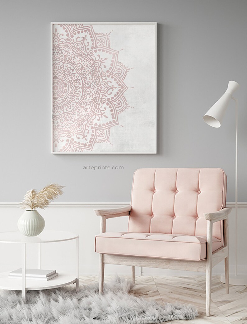 Blush Pink Gray Wall Art Mandala Print Boho Bedroom Wall Etsy