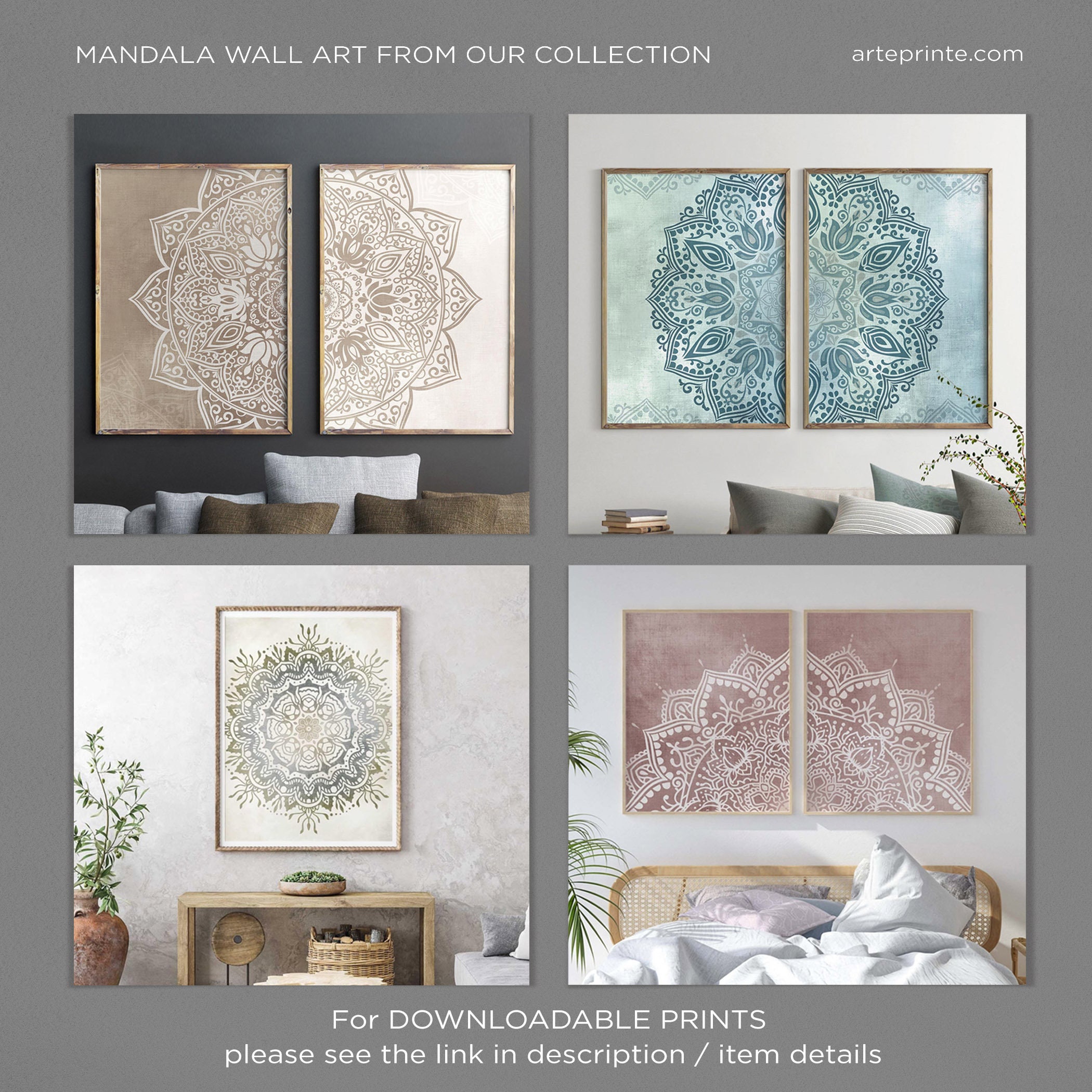 Gray Mandala Wall Art Set 2 Prints Minimalist Boho Rustic Decor, Indian ...
