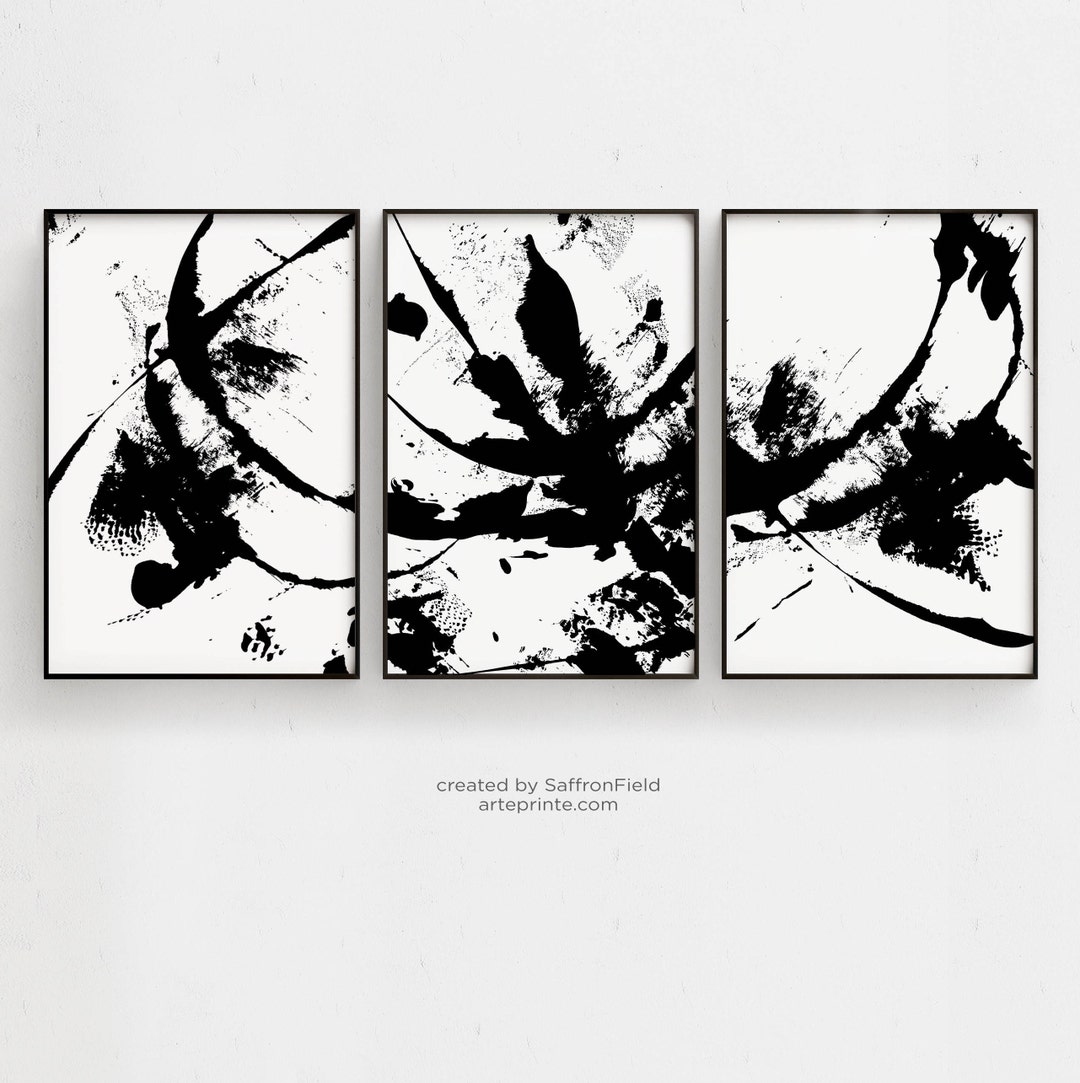 Black and White Abstract Art, Set of 3 Prints, Minimalist Art, Black