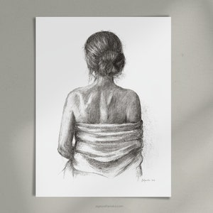 Woman Charcoal Drawing, Black & White Art Print, Timeless Elegant Feminine Figure Sketch, Giclee Print - TAKE YOUR TIME by Aga Szafranska