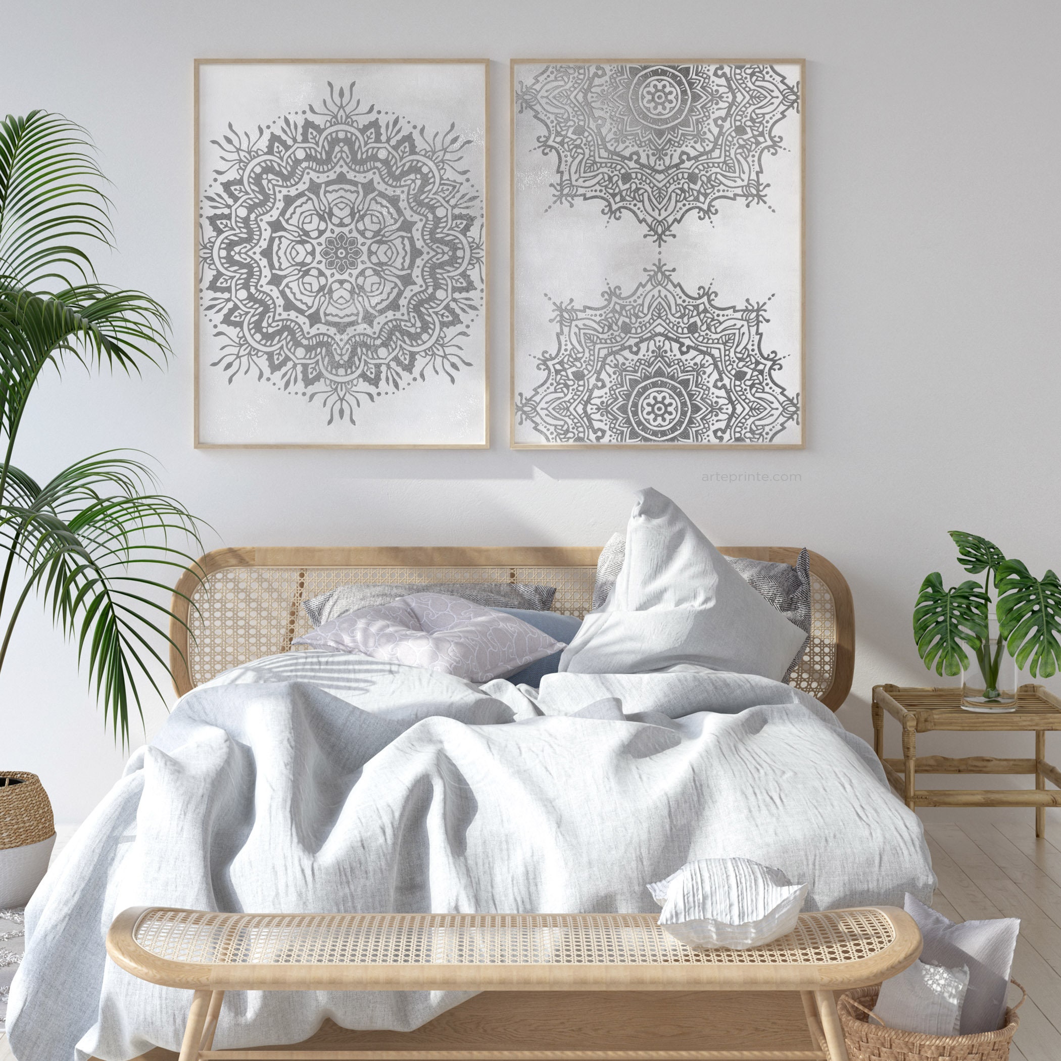 Gray Mandala Wall Art Set 2 Prints Minimalist Boho Rustic Decor, Indian ...