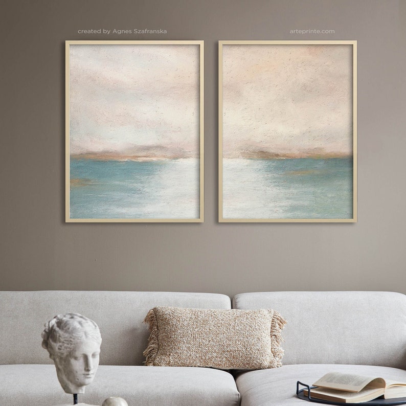 Abstract Painting Landscape, Set of 2 Art Prints COASTAL SUNSET Soft Pastel Painting Modern Contemporary 2 Panel Art, Printed Shipped zdjęcie 2