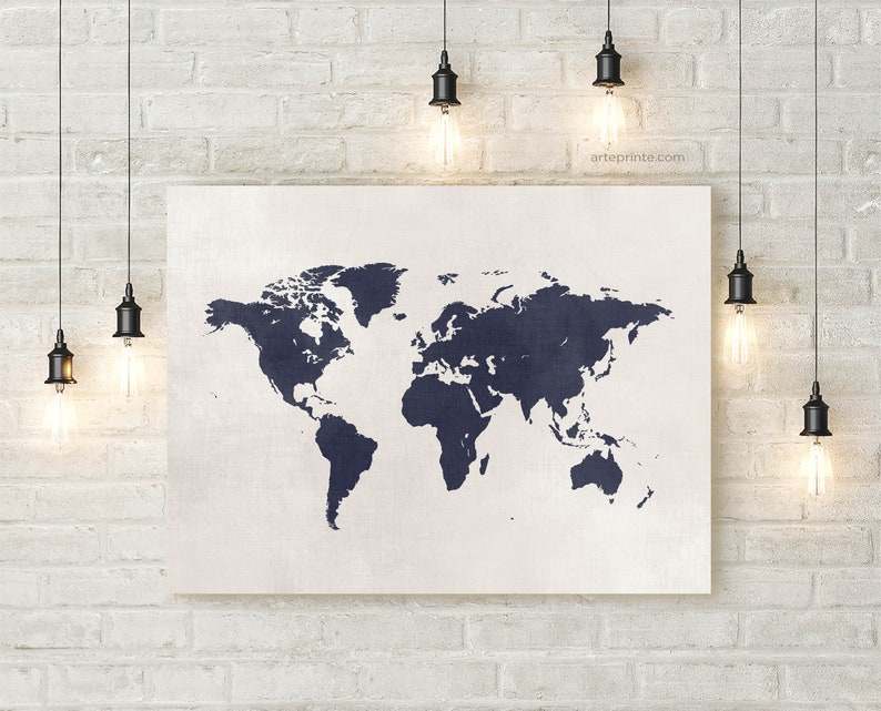 Navy Blue World Map Wall Art Minimalist Rustic Map Print Map Etsy