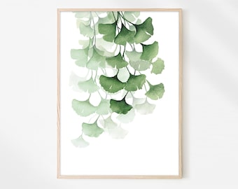Ginko Leaf Watercolor Print, Green Ginkgo Tree Branches Painting Botanical Wall Art - Giclee