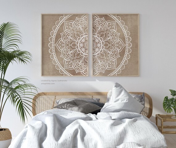 Beige White Mandala Wall Art Set of 2 Prints Boho Wall Decor Bedroom Living Room Mandala Canvas or Paper Printed Shipped Aga Szafranska Etsy Canada