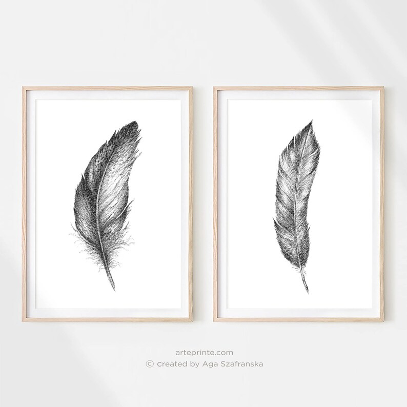 Prints Handmade Products Minimalist Print Feather Poster Set Of 3 Feather Prints Wall Art Print Unframed Black And White Poster Bedroom Print