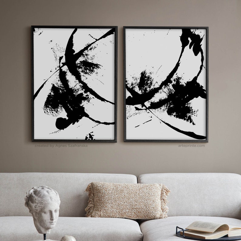 Black White Wall Art Minimalist Abstract Painting Set of 2 - Etsy