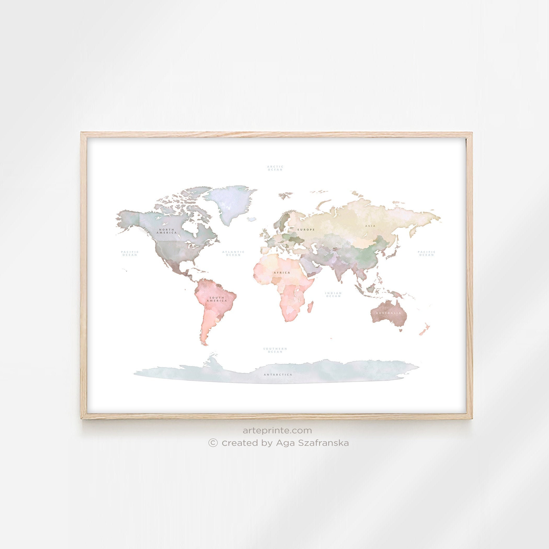 World Map Art Pastel World Map with Continents Names Wall Etsy