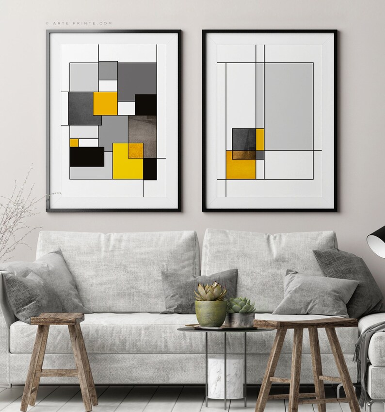 Set Of 2 Geometric Wall Prints Yellow Gray Black Abstract Etsy