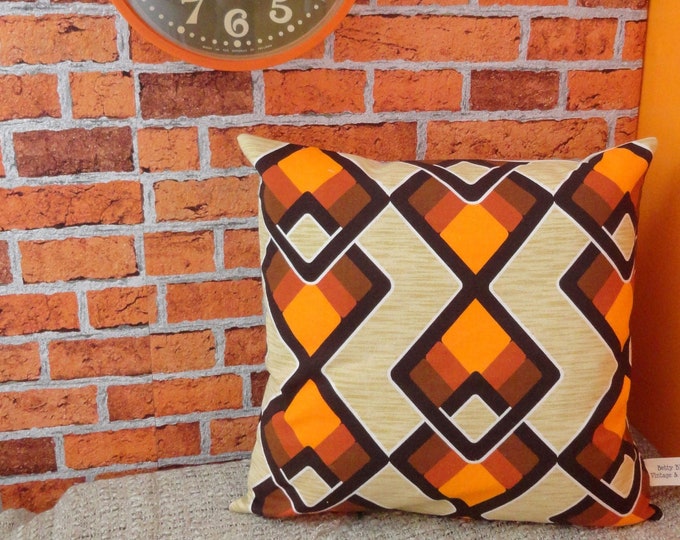 Vintage hand made genuine  1960s/70s fabric Retro Brown and orange zig zag pattern cushion cover