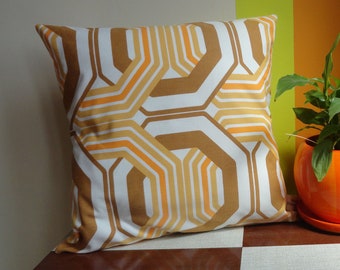 Vintage hand made genuine  1960s/70s fabric Retro Brown and orange geometric pattern cushion cover