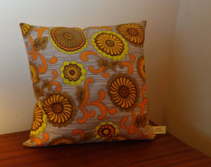 vintage retro 1960s/70s   yellow green  and brown Funky floral cushion cover