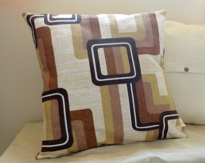 Hand made vintage geometric cream beige and brown square 1970s fabric cusion cover