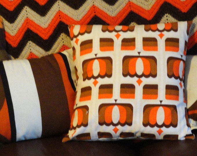 Hand made Orange brown and cream 1970's German vintage fabric cushion cover