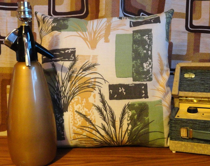 vintage fabric cushion cover gold greens and black bark cloth 1950s