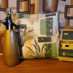 vintage fabric cushion cover gold greens and black bark cloth 1950s