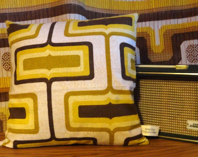 Hand made vintage Mustard  brown and yellow square 1970's fabric cushion cover