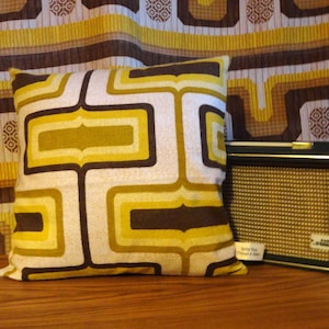 Hand made vintage Mustard  brown and yellow square 1970&#39;s fabric cushion cover