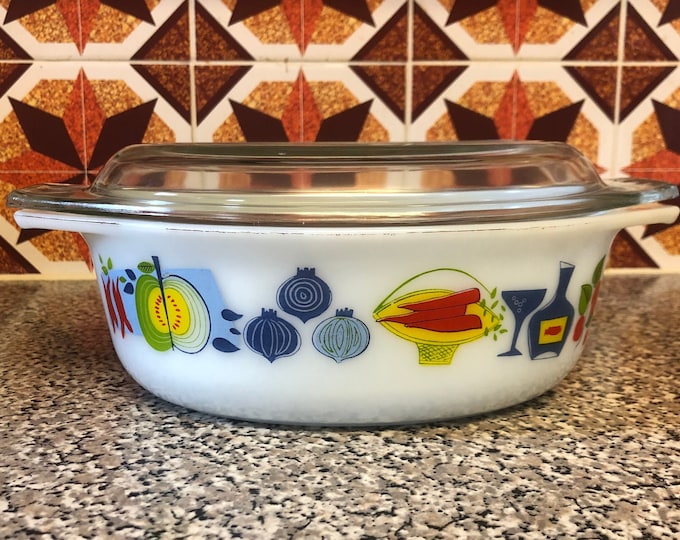 JAJ Pyrex Milk Glass Fiesta Pattern Casserole / Serving Dish with lid