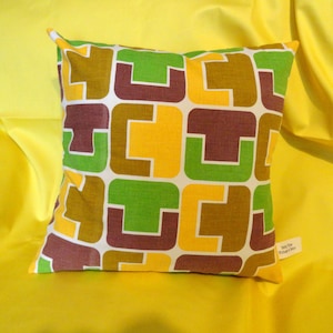 Vintage hand made genuine  1960s yellow, green, fawn and wine square geometric pattern cushion cover