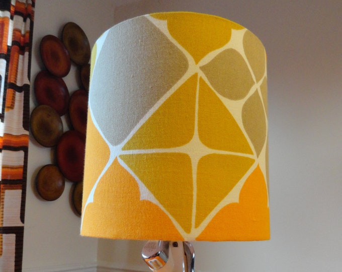 Vintage 1970s orange mustard and grey  geometric diamond pattern fabric lampshade