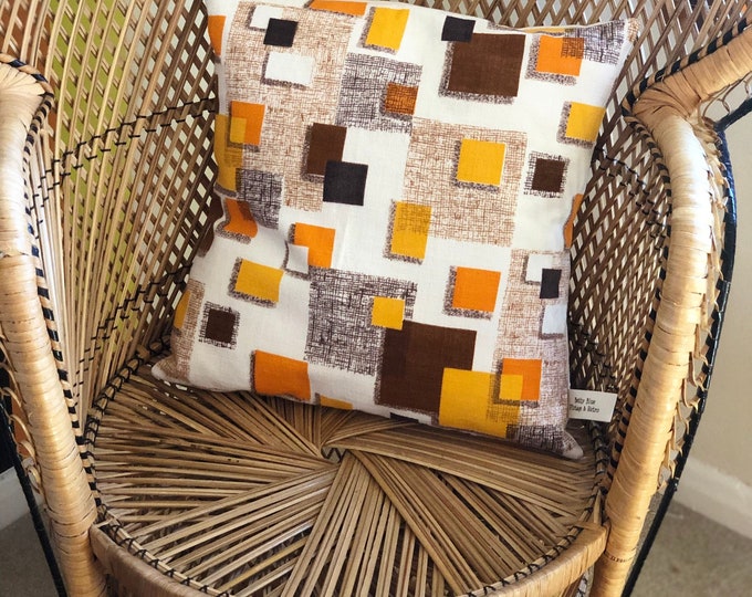 Hand made vintage orange brown yellow  and Grey woven barkcloth fabric geometric  1950's  cushion cover 16" x 16"