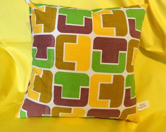 Vintage hand made genuine  1960s yellow, green, fawn and wine square geometric pattern cushion cover
