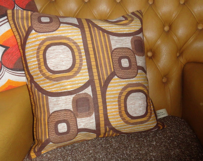 Hand made vintage  beige and brown square geometric 1970s fabric cushion cover