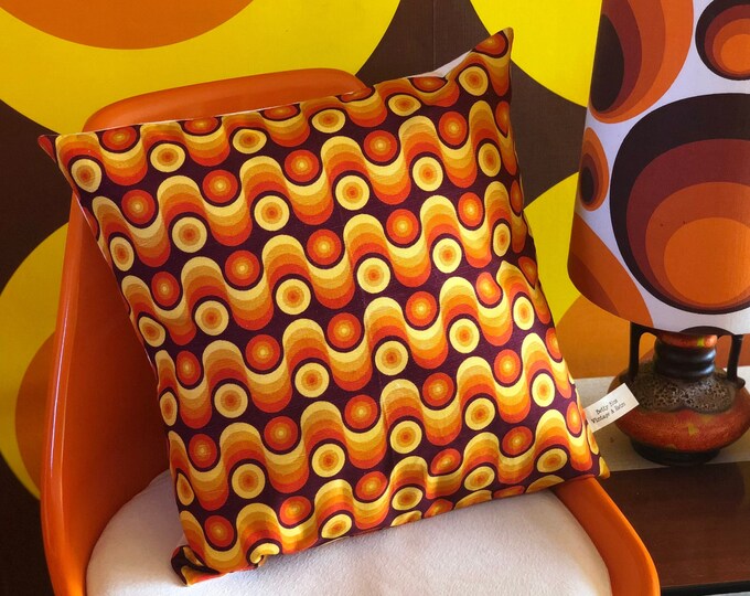 1970s geometric patterned orange yellow and brown swirl and sphere cushion cover