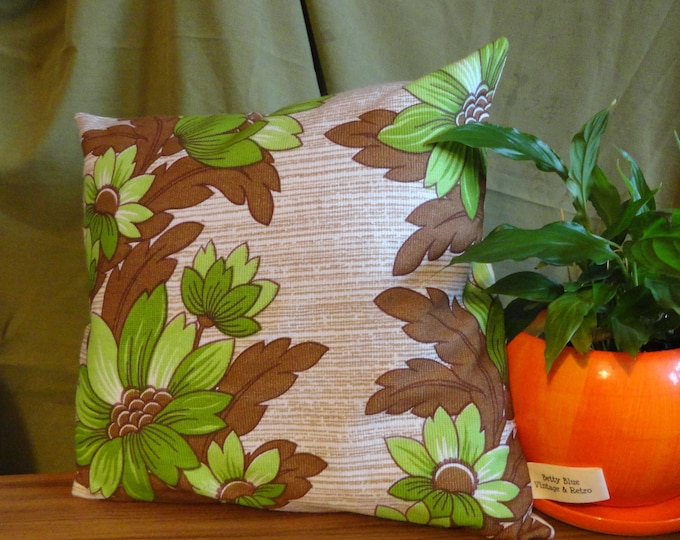 green and brown floral 1970s fabric cusion cover