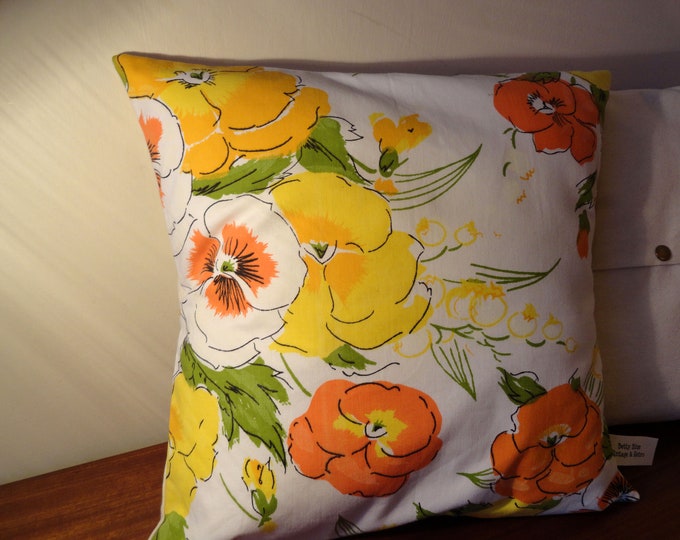 Vintage 1970s orange yellow and white spring floral cushion cover from original 1970s fabric