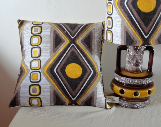 1970s brown, cream and mustard fabric square geometric and diamond cushion cover