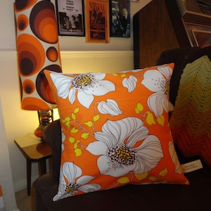 Vintage 1970s orange and yellow summer floral cushion cover from original 1970s fabric