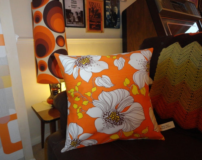 Vintage 1970s orange and yellow summer floral cushion cover from original 1970s fabric