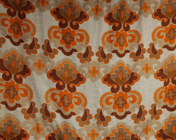 Single large vintage curtain drape orange and brown floral geometric pattern heavy weight fabric Mid-Century Pop Art 70's West German