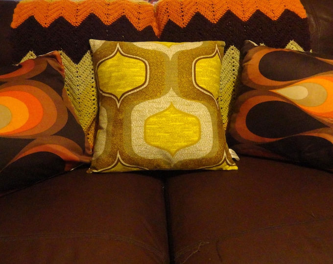 Hand made vintage  1970s yellow and brown onion pattern cushion cover