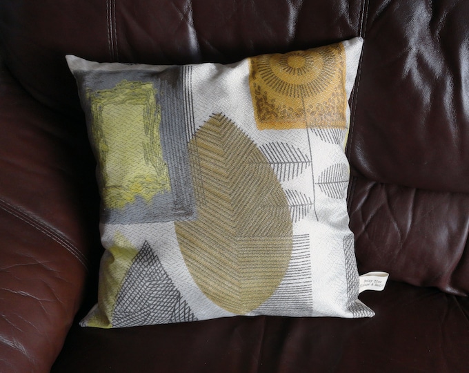 Hand made vintage satin lemon grey and bronze  fabric 1950s leaf pattern cushion cover