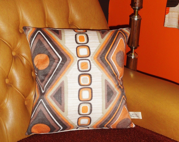 1970s brown, cream and orange fabric square geometric and diamond cushion cover