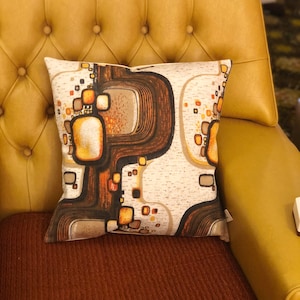 Hand made vintage geometric cream brown and orange square 1970s fabric cushion cover